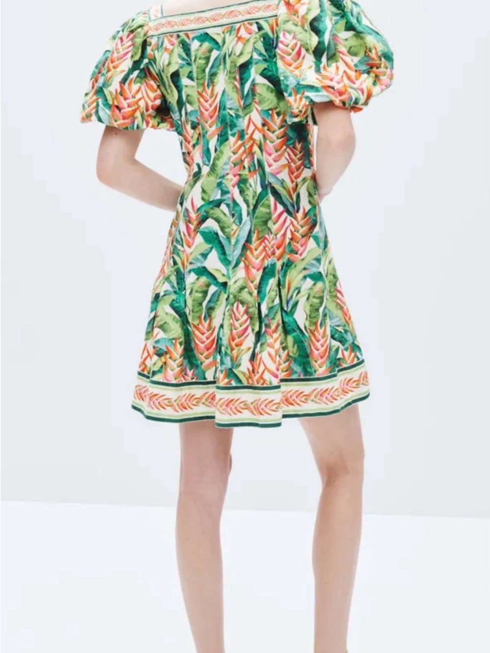 FARM Rio Green Tropical Square-Neck Puff Sleeve Mini Dress - Picture 2 of 7